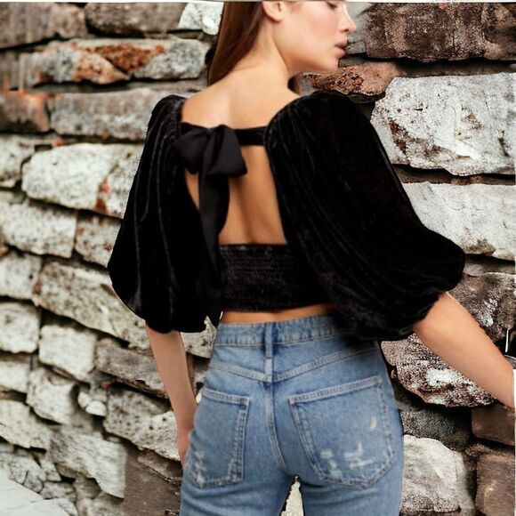 Free People Velvet Marie Pouf Black Crop Top Women Open Back Balloon Sleeve M - Picture 3 of 12